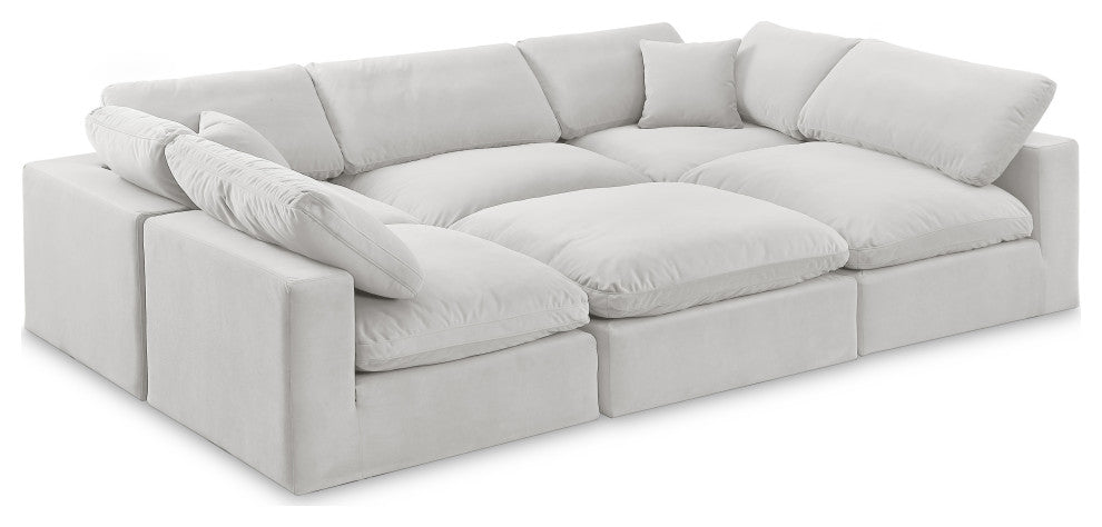 Comfy Upholstered U-Shaped Modular Sectional, Cream, 6-Piece: 3 Armless Chair, 2 Corner Chair, 1 Ottoman, Velvet