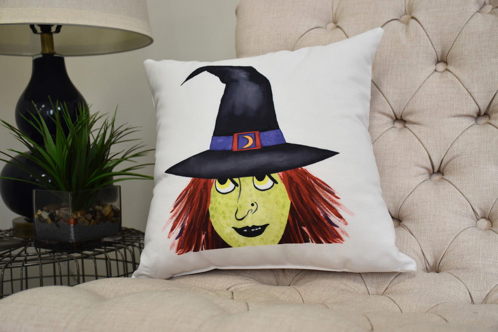 Peek A Boo Witch 16" Cream Halloween Print Decorative Throw Pillow