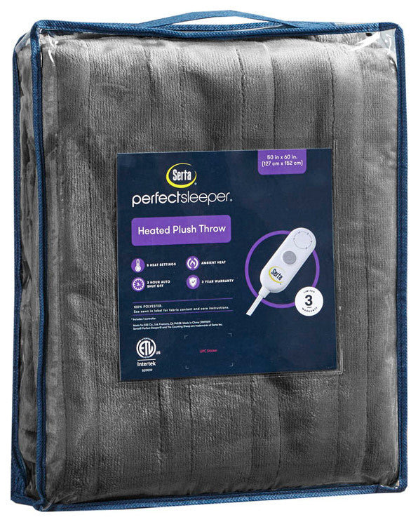 Serta Plush Heated Throw, Dark Grey