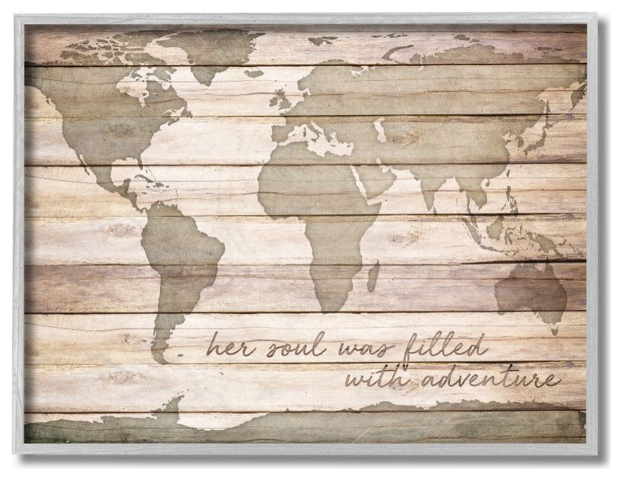 Inspirational Word World Map Wood Te"xture Design, 11"x14"