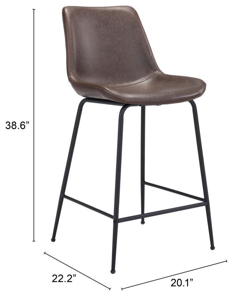 Counter Stool Chair, Faux Vinyl Leather, Steel, Brown, Black, Mid Century Cafe