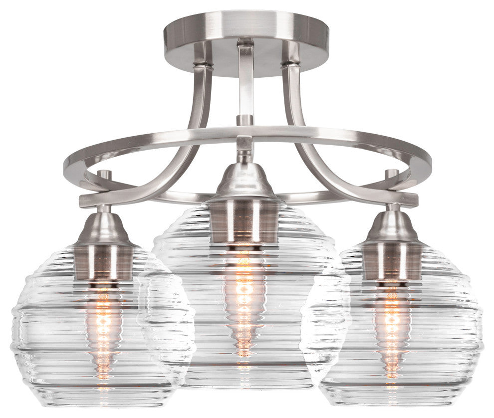 Paramount 3-Light Semi-Flush Light, Brushed Nickel, 6" Clear Ribbed Glass