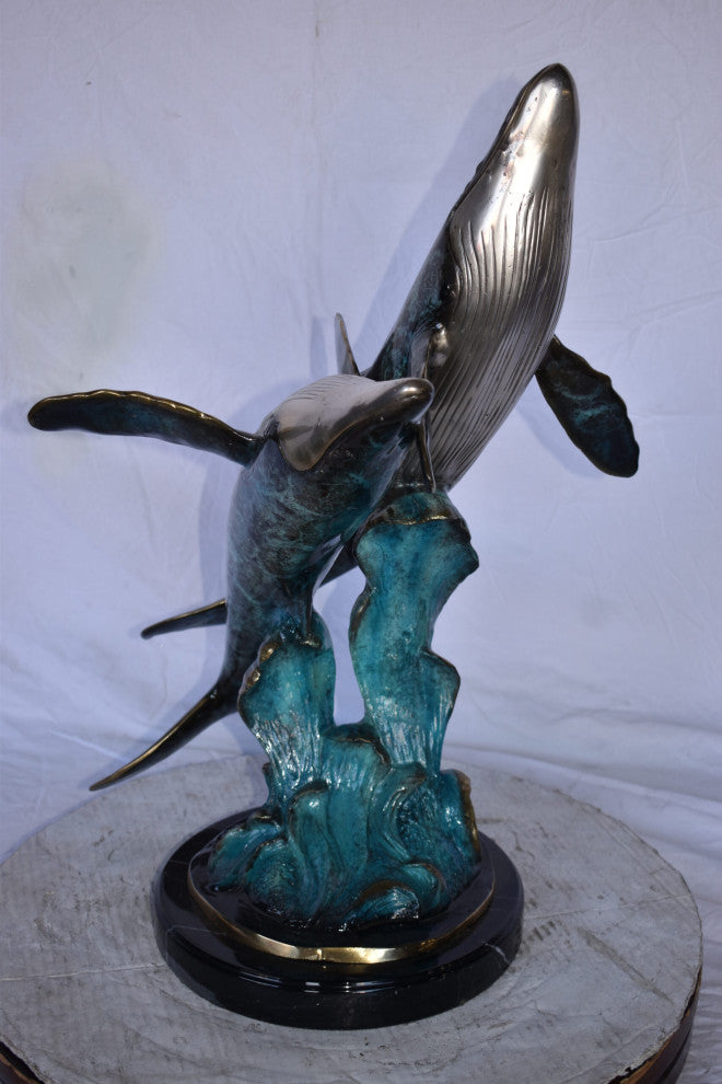 Pair of Blue Whales Swimming, The Ocean Bronze Statue Size: 21" x 20" x 27"H