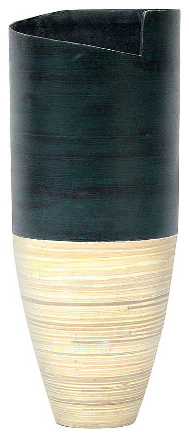 HomeRoots 9"x9"x20" Distressed Blue and Natural Bamboo Bamboo Spun Bamboo Vase