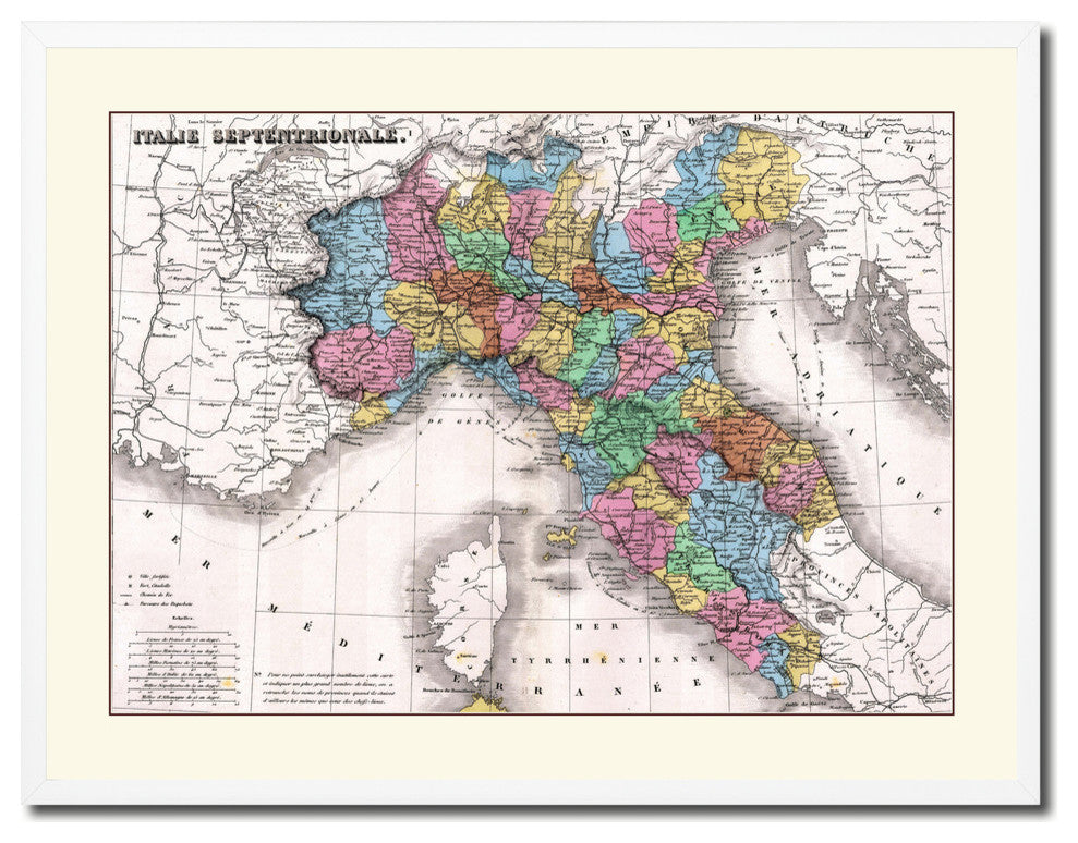 North Italy Vintage Old Map Print On Canvas With Picture Frame 28" X 37"