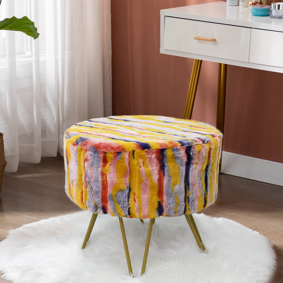 Multi Jacquard Faux Fur Round Ottoman, Orange, 18"x18"x8"