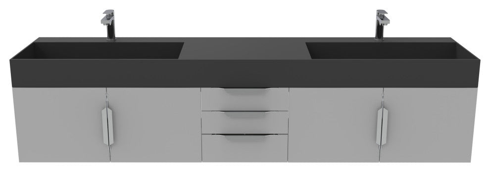 CastelloUSA Amazon 84" Wall Mounted Bathroom Vanity Set, Gray, Black Top, Brushed Nickel