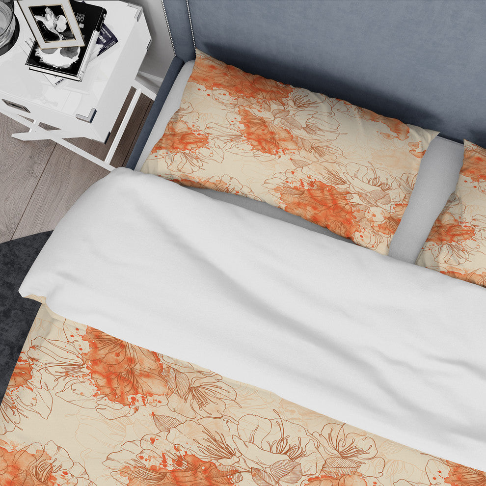 Handdrawn Asian Flowers With Orange Floral Duvet Cover, Queen
