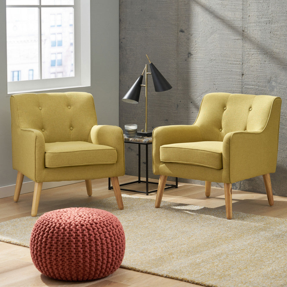 GDF Studio Fontinella Mid-Century Modern Fabric Tufted Arm Chair, Verdure Yellow, Set of 2