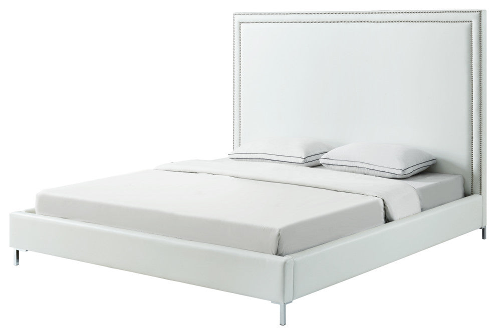 Giovanna Nailhead Trim Platform Bed, White Leather Pu, Queen