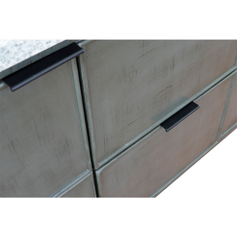 37" Single Vanity, Linen Gray Finish With White Carrara Top And Round Sink