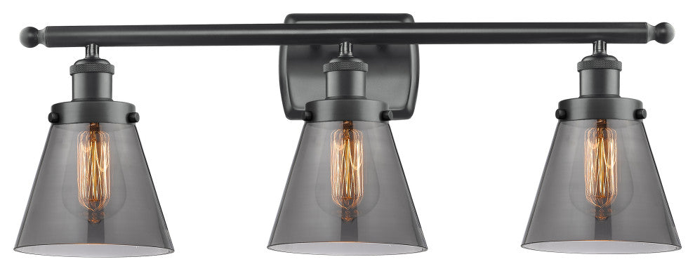 Small Cone 3-Light Bath Vanity-Light, Matte Black, Plated Smoke