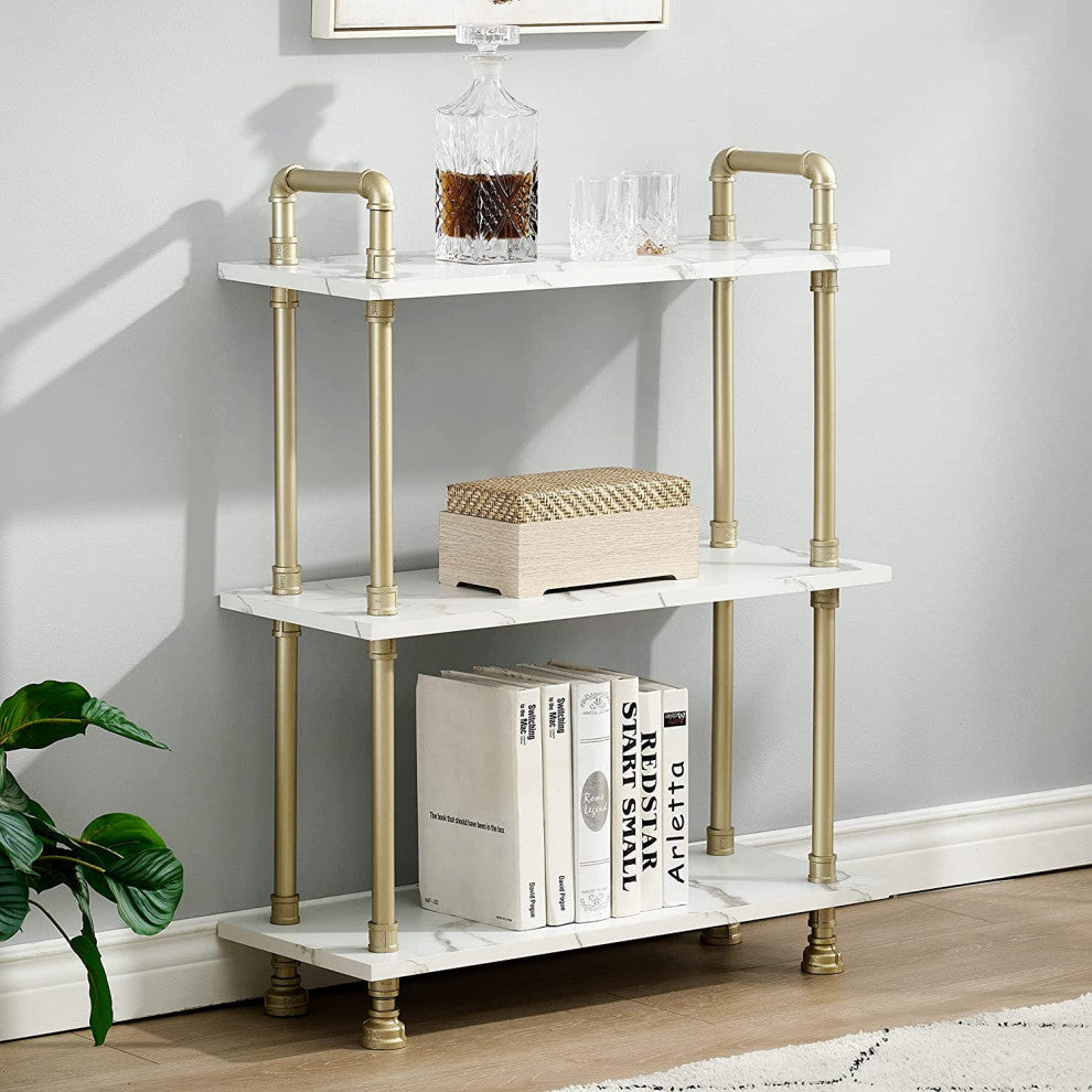 White Marble Wood Bookcase with Gold Metal Pipe Frame