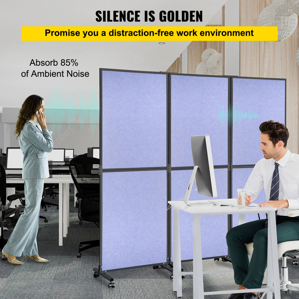 Acoustic Room Divider 72"x66" Office Partition 3 Panels, Blue