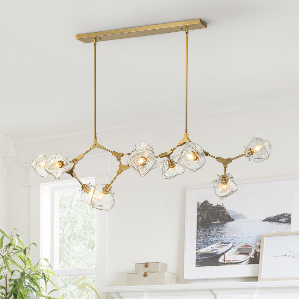10-Light Brass Clear Glass Branch Chandelier