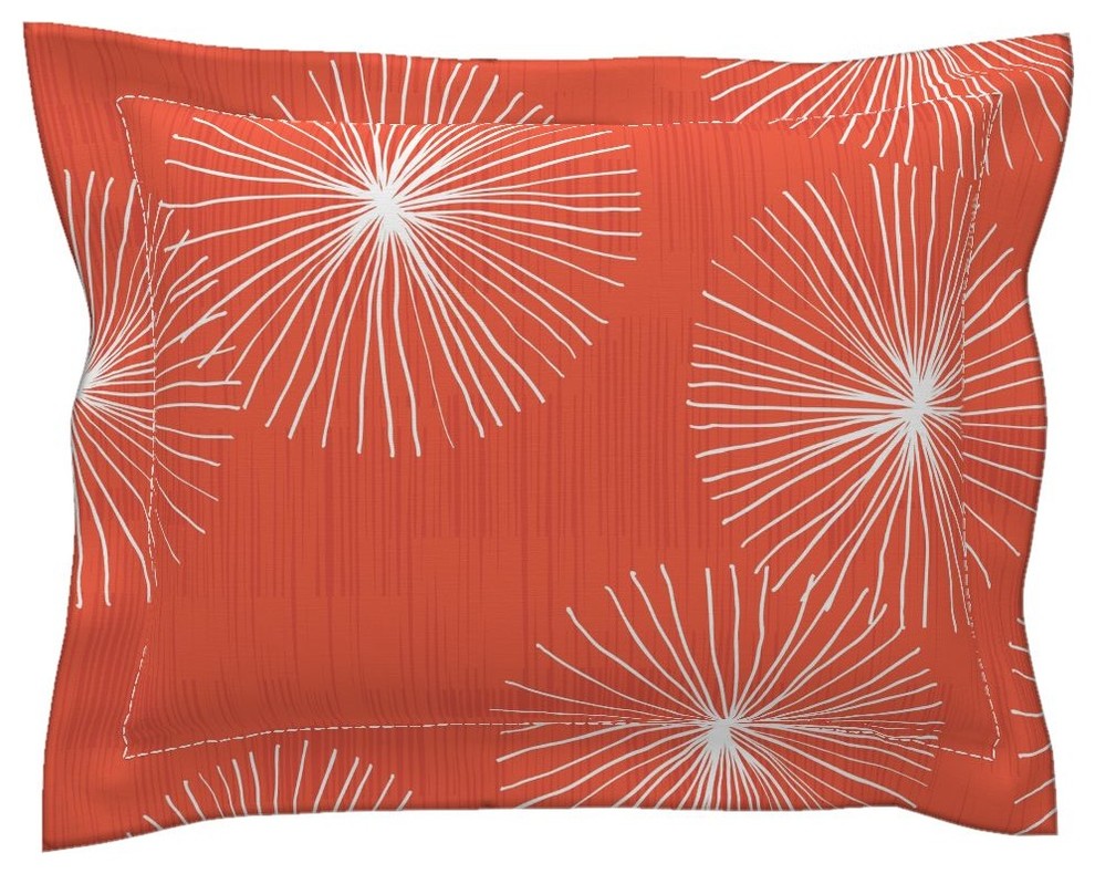 Dandelions On Watermelon Red Red Floral Cotton Pillow Sham, Standard