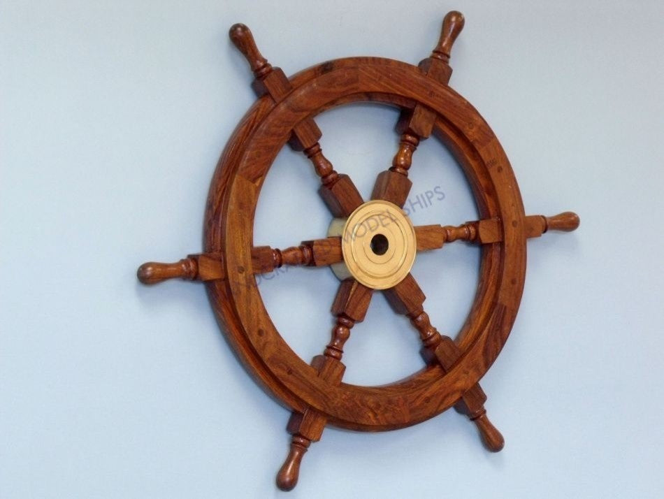 Decorative Ship Wheel, Brass and Wood, 24"