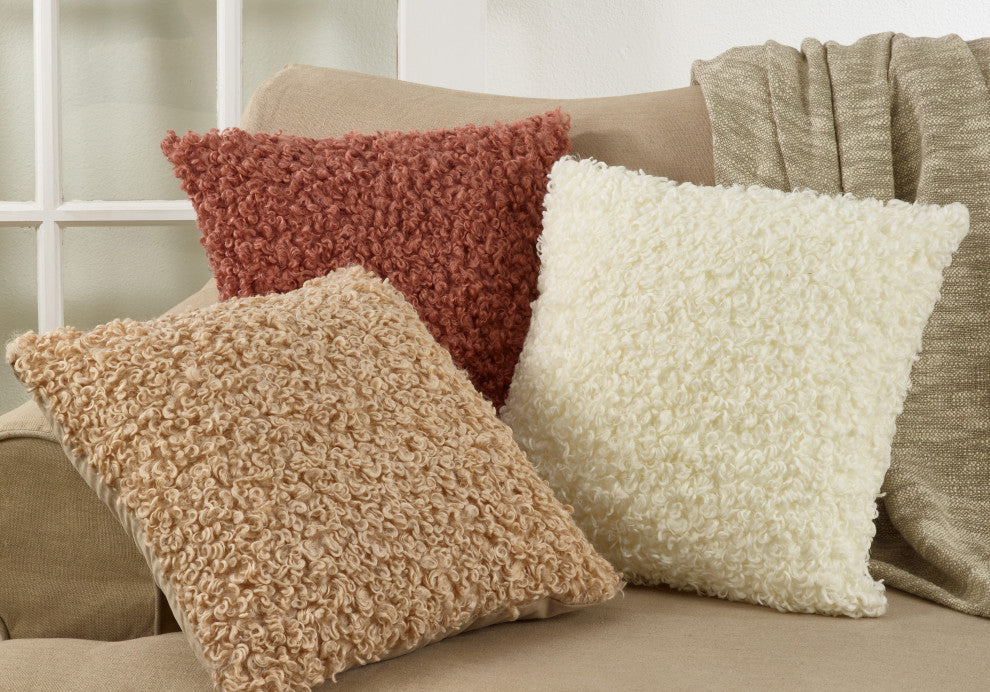 Faux Lamb Fur Throw Pillow, Ivory, 18", Cover Only