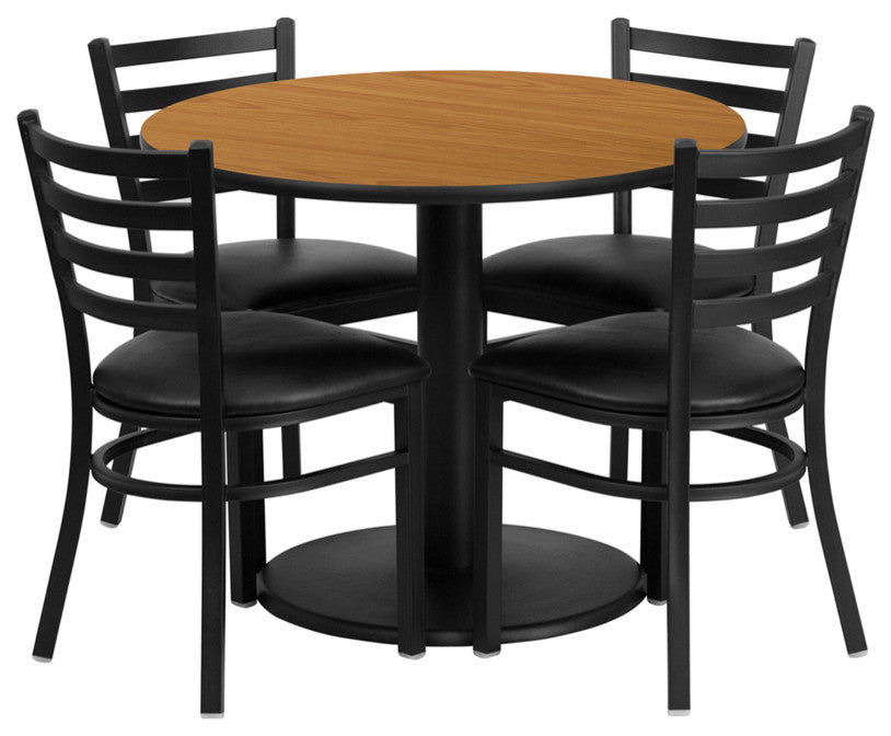 Dyersburg 5pcs Table Set Round 36" Natural Laminate, Black Vinyl Chair