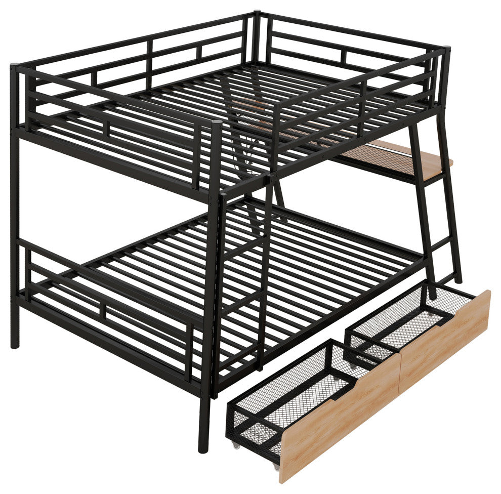 Gewnee Full Size Metal Bunk Bed with Built-in Desk, Light and 2 Drawers, Black