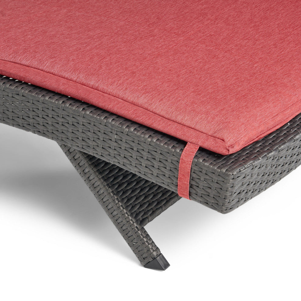 GDF Studio Nassau Outdoor Gray Wicker Chaise Lounge, Red Cushions, Set of 2