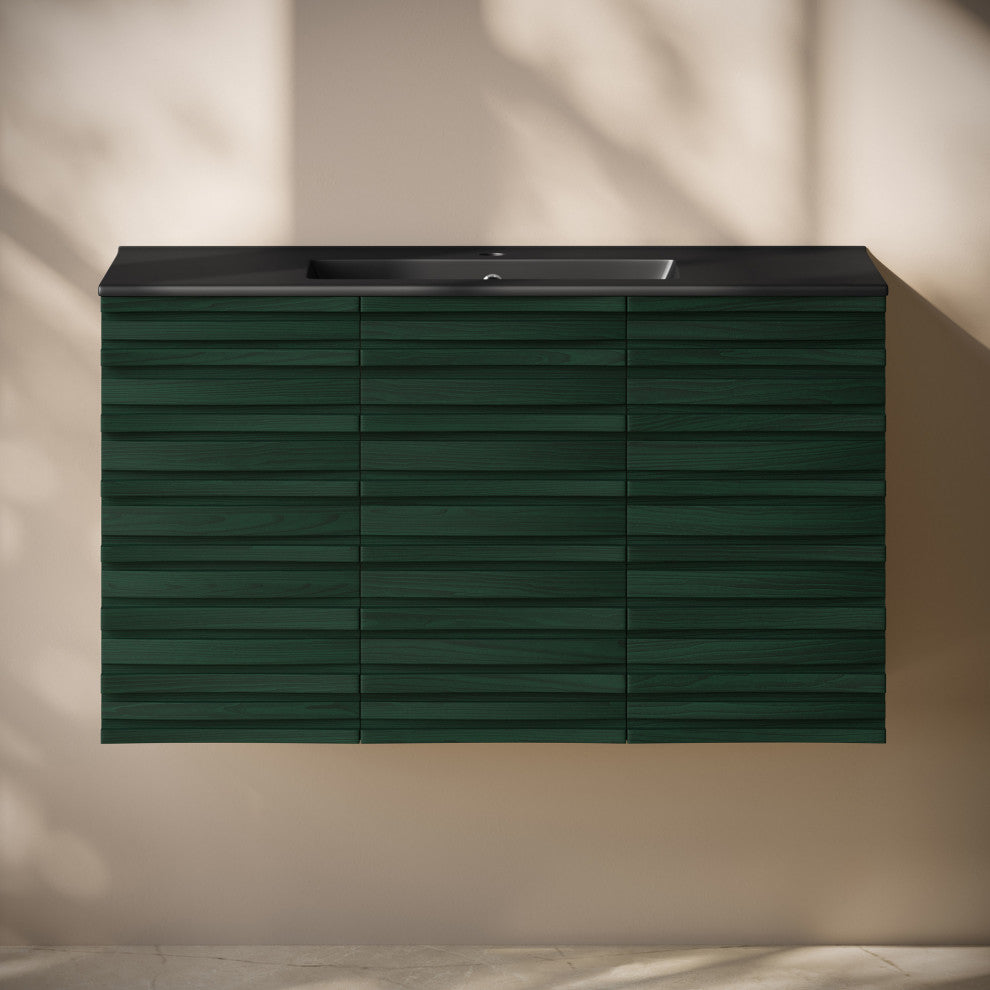 Cascade 36" Wall-Mounted Vanity, Green Oak With Black Sink Top