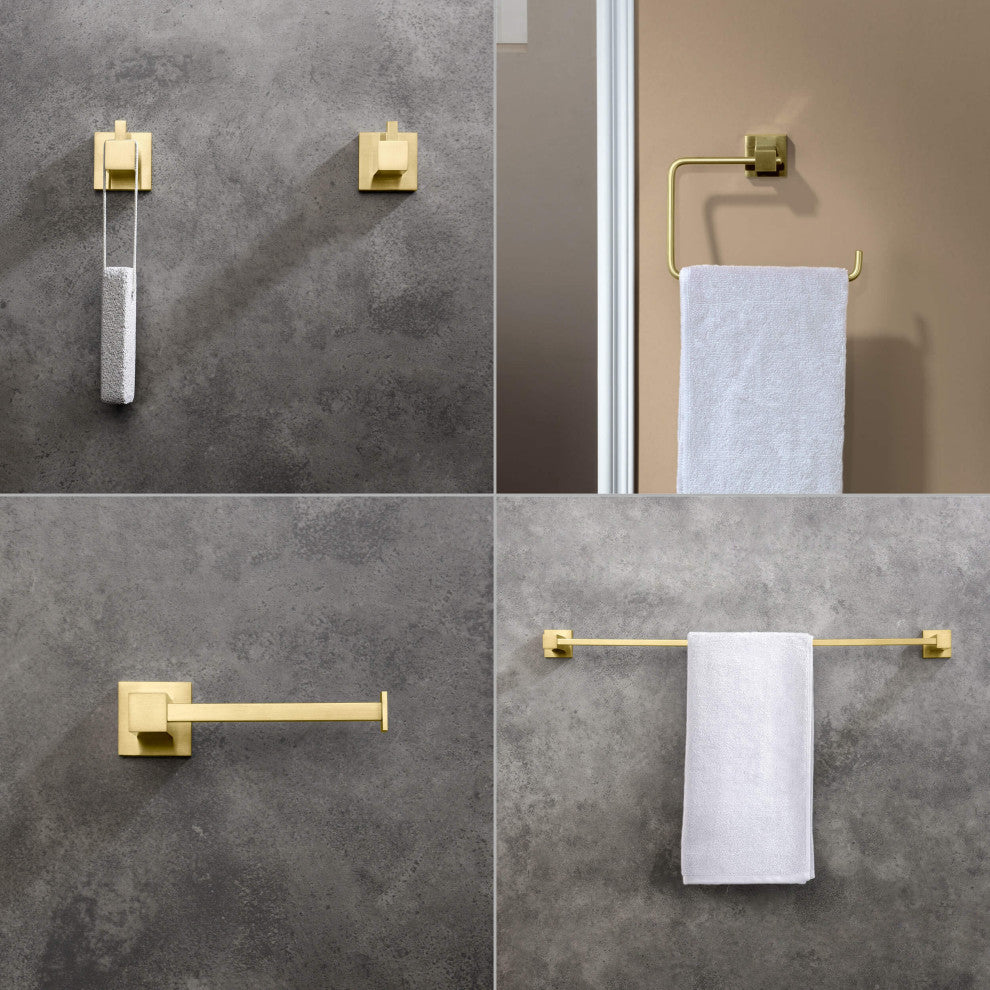 Cube 5-Piece Bathroom Hardware Set, Brushed Gold