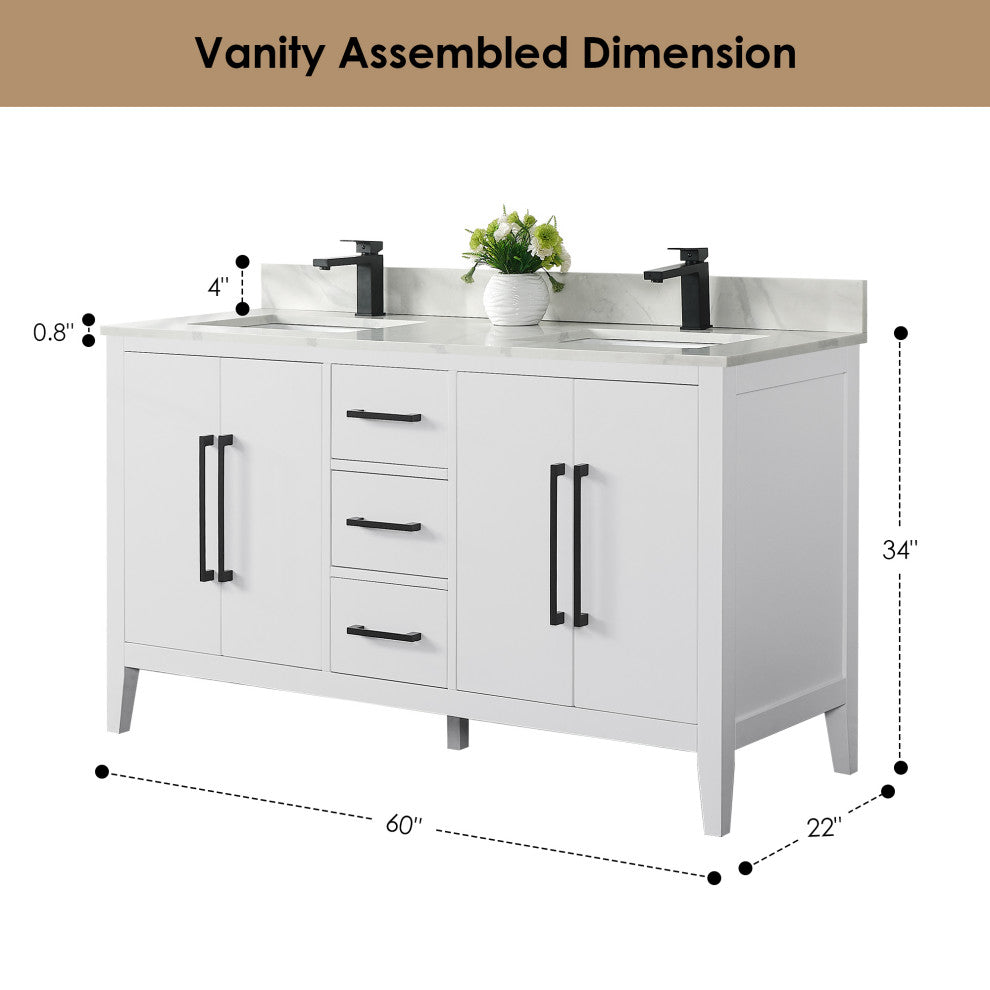 Laurel Bathroom Vanity with Calacatta White Quartz Stone Countertop, White, 60", With Mirror