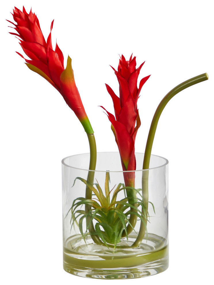 16" Star Bromeliad Artificial Arrangement, Glass Vase