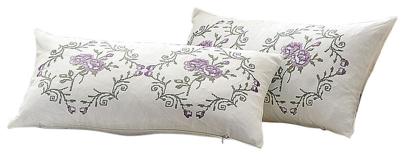 Rose Embroidery 2 Piece Pillow Cover Set, 14" X 26", Lilac