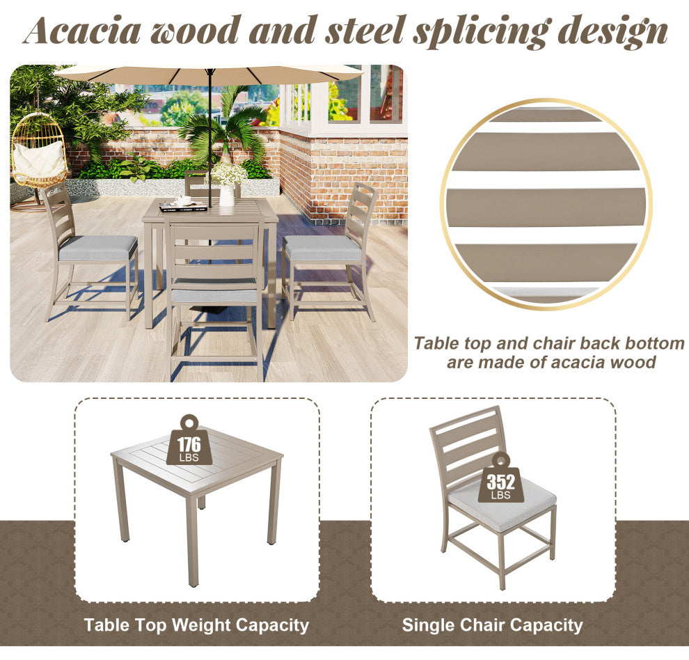 5-Piece Outdoor Steel Patio Dining Set with table and four chairs, Brown Gray