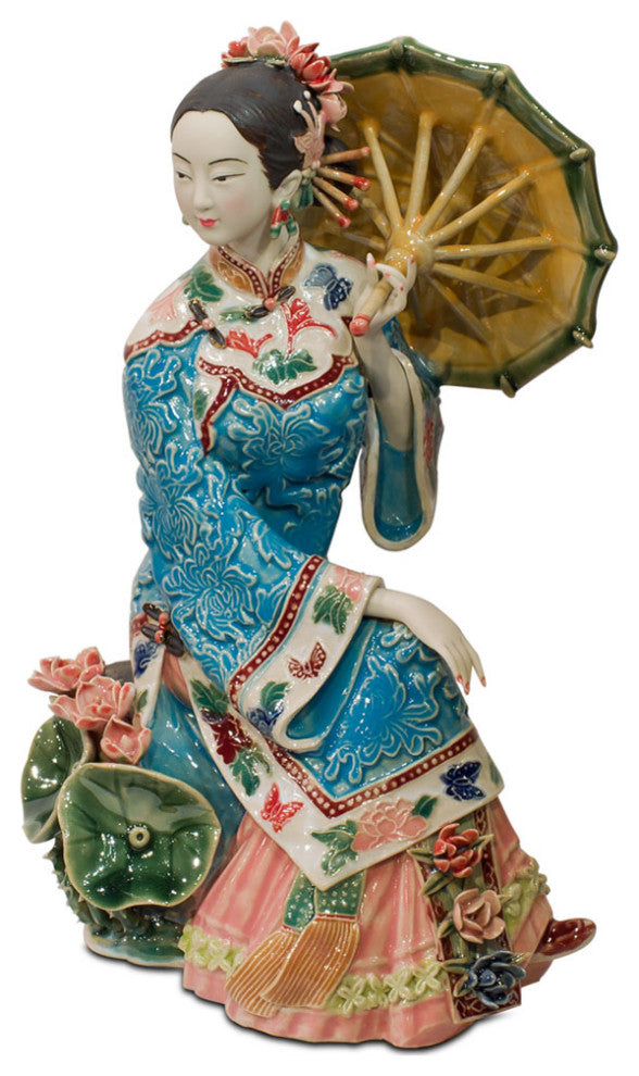 Chinese Porcelain Figurine, Lady Holding Umbrella