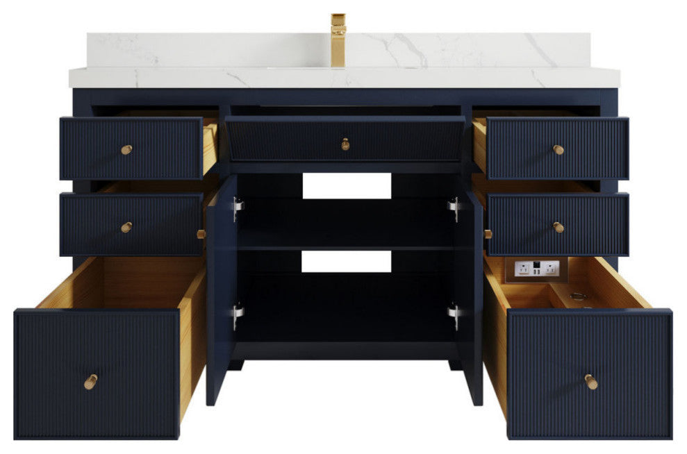 Sonoma 60 Single Sink Reeded Bathroom Vanity in Hale Navy Blue 2" Calacatta Laza