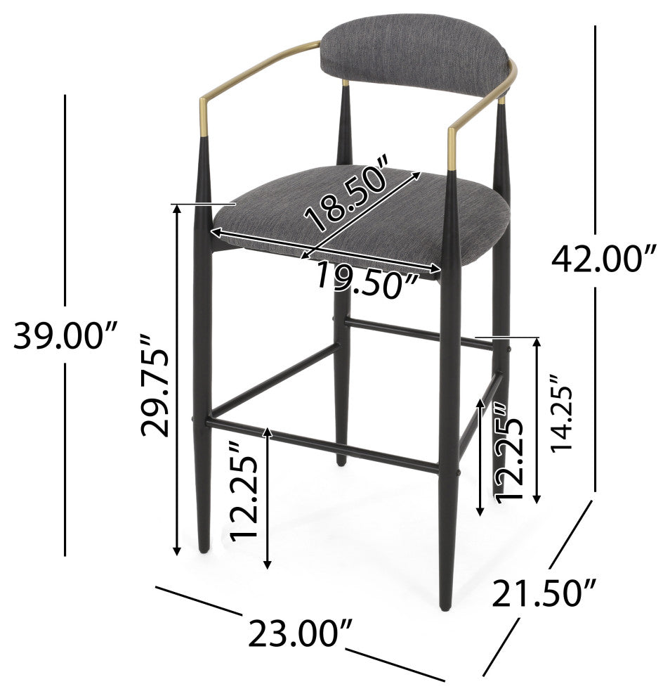Camas Modern Fabric Upholstered Iron 30" Barstools, Set of 2, Charcoal/Black