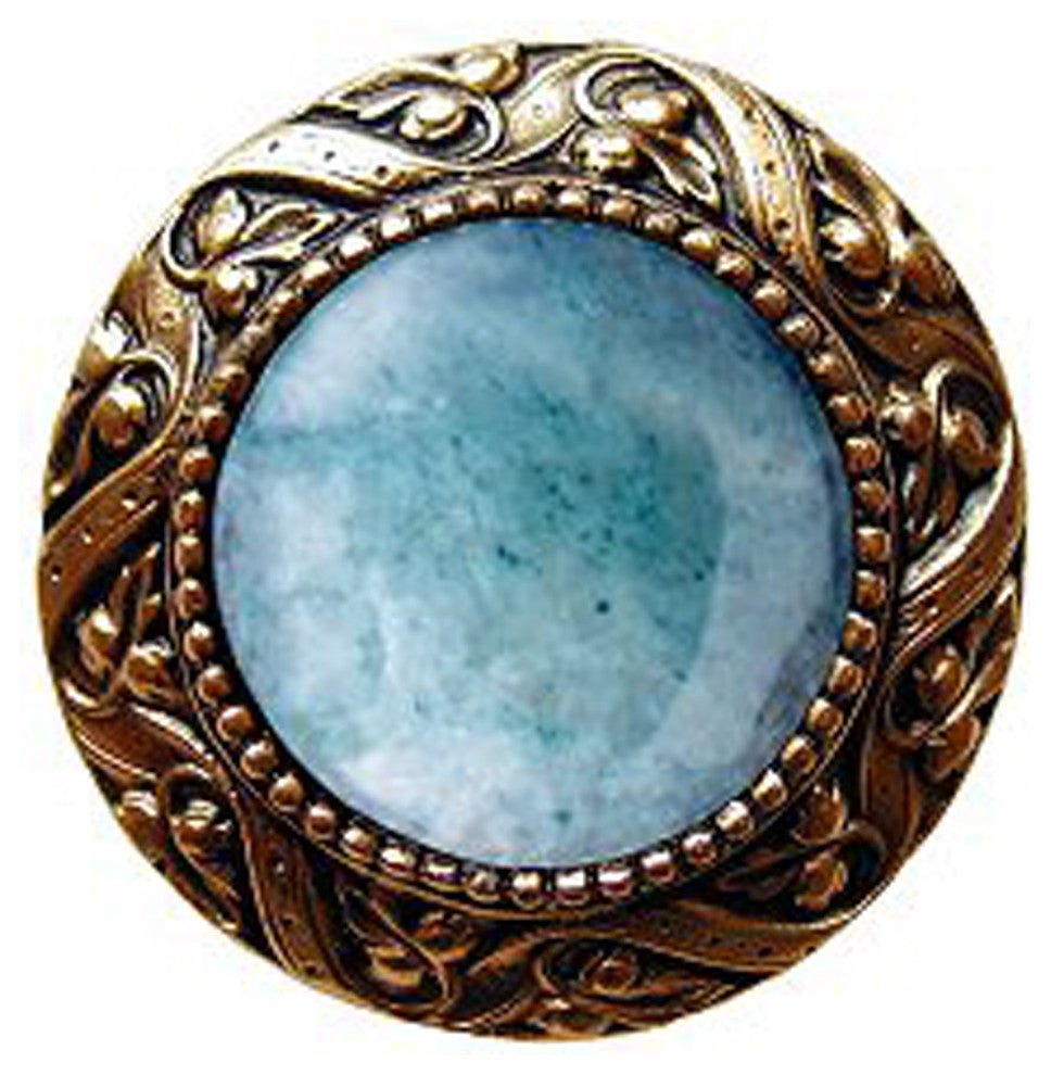 Victorian Jewel Knob Antique Brass, Blue Sodalite Natural Stone, 24k Gold Plate,