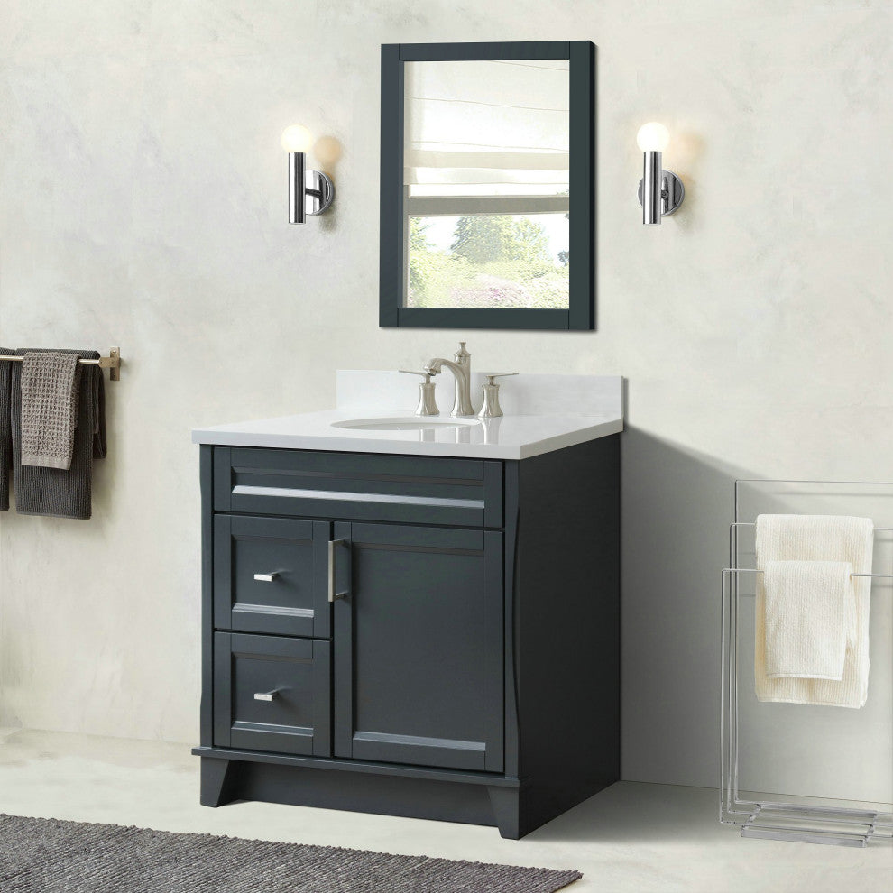 37" Single Sink Vanity, Dark Gray Finish With White Engineered Stone Top