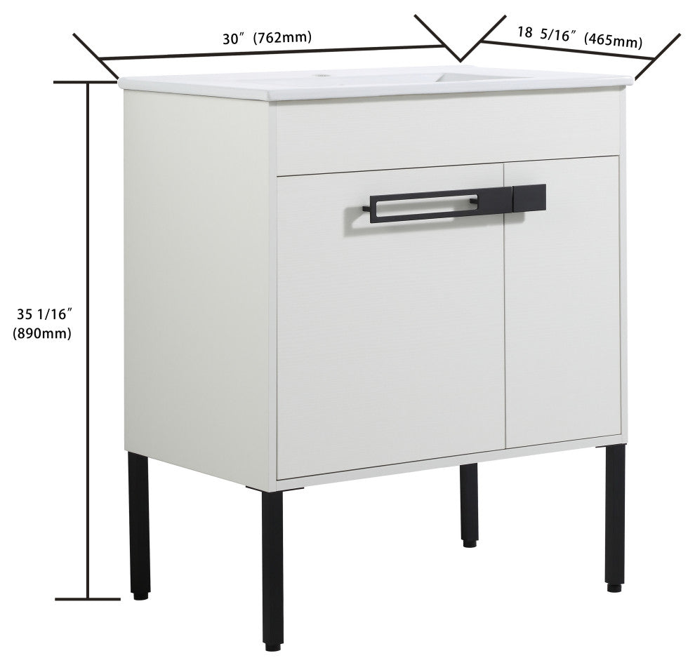 Freestanding/Floating Bathroom Vanity With white Ceramics Top, White, 30"