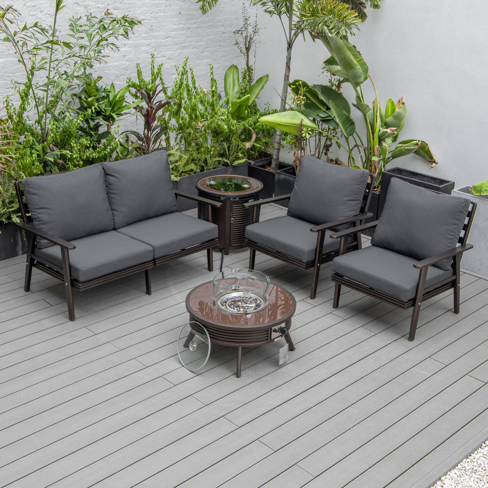 LeisureMod Walbrooke Patio Conversation Set With Fire Pit Table, Charcoal