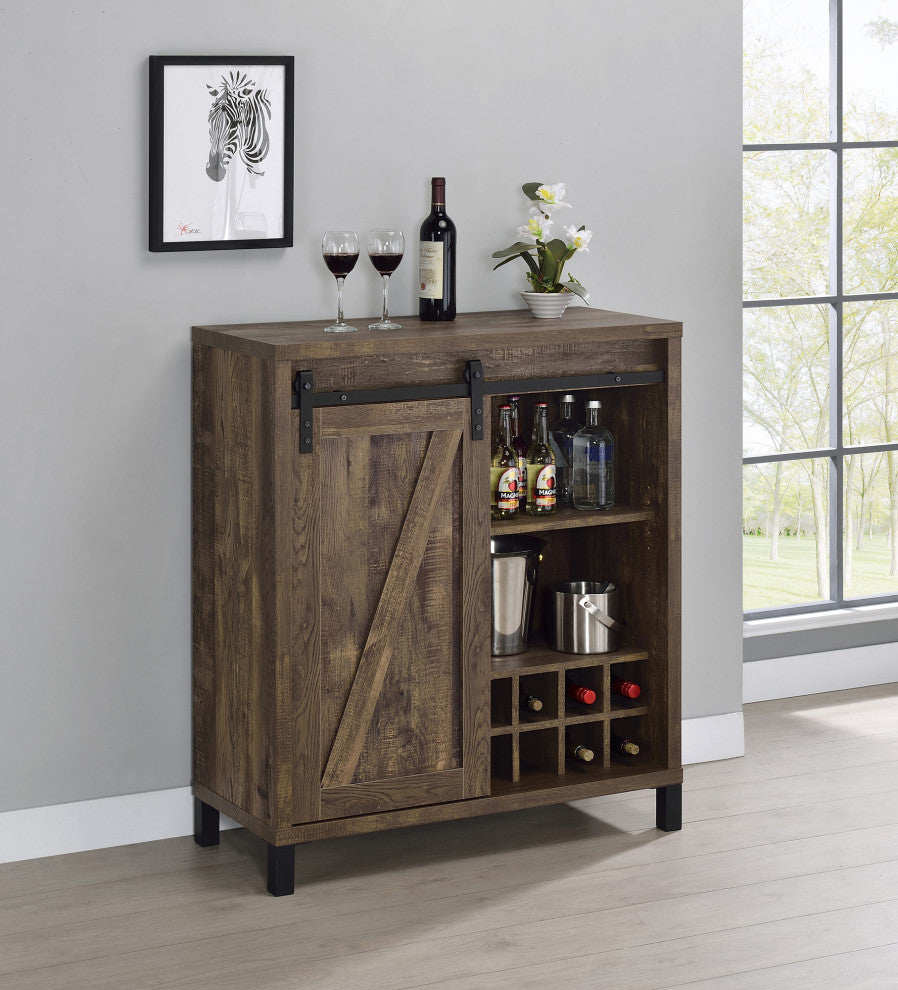Wood Bar Cabinet with Wine Rack and shelves, Rustic Oak and Black