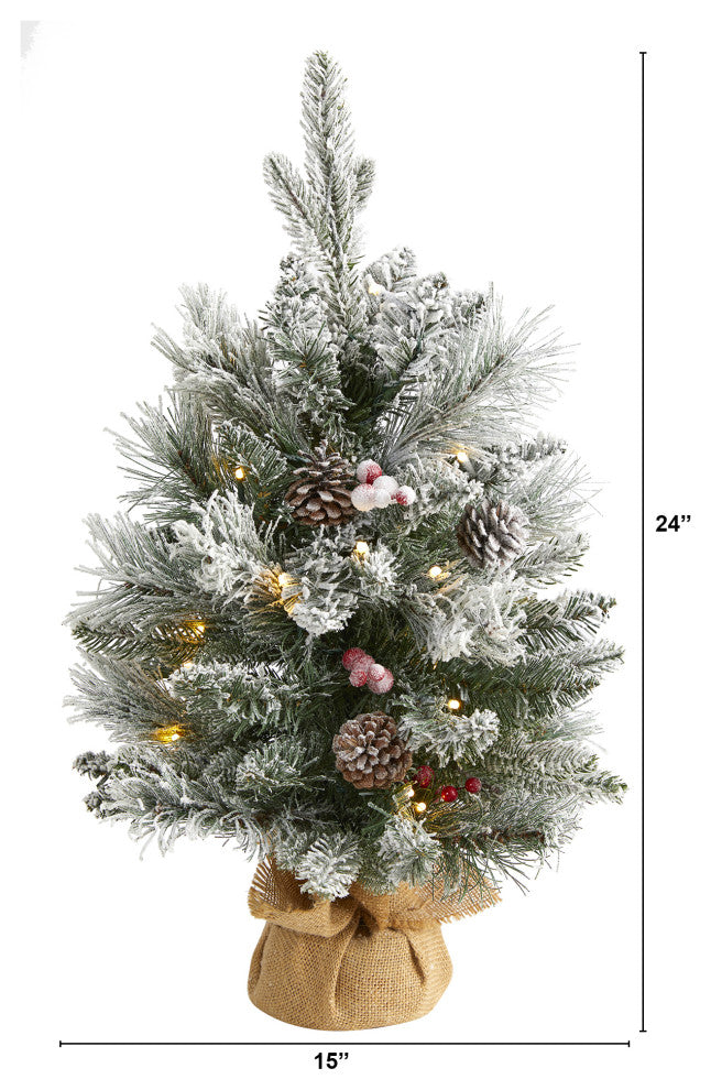 2' Flocked Faux Xmas Tree W/30 Lights, 73 Bendable Branches, Pinecones & Berries