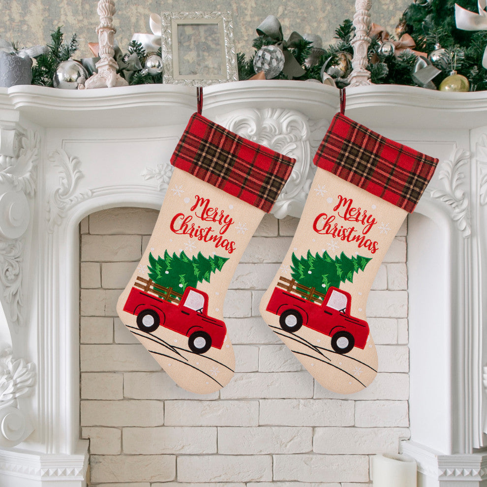 Set of 2 Embroidered Linen Christmas Decoration, Stocking
