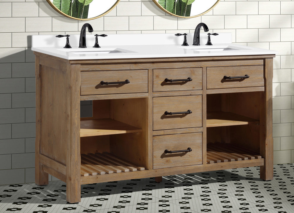 Lauren 60" Bathroom Vanity, Weathered Fir Finish, White Engineered Stone Counter