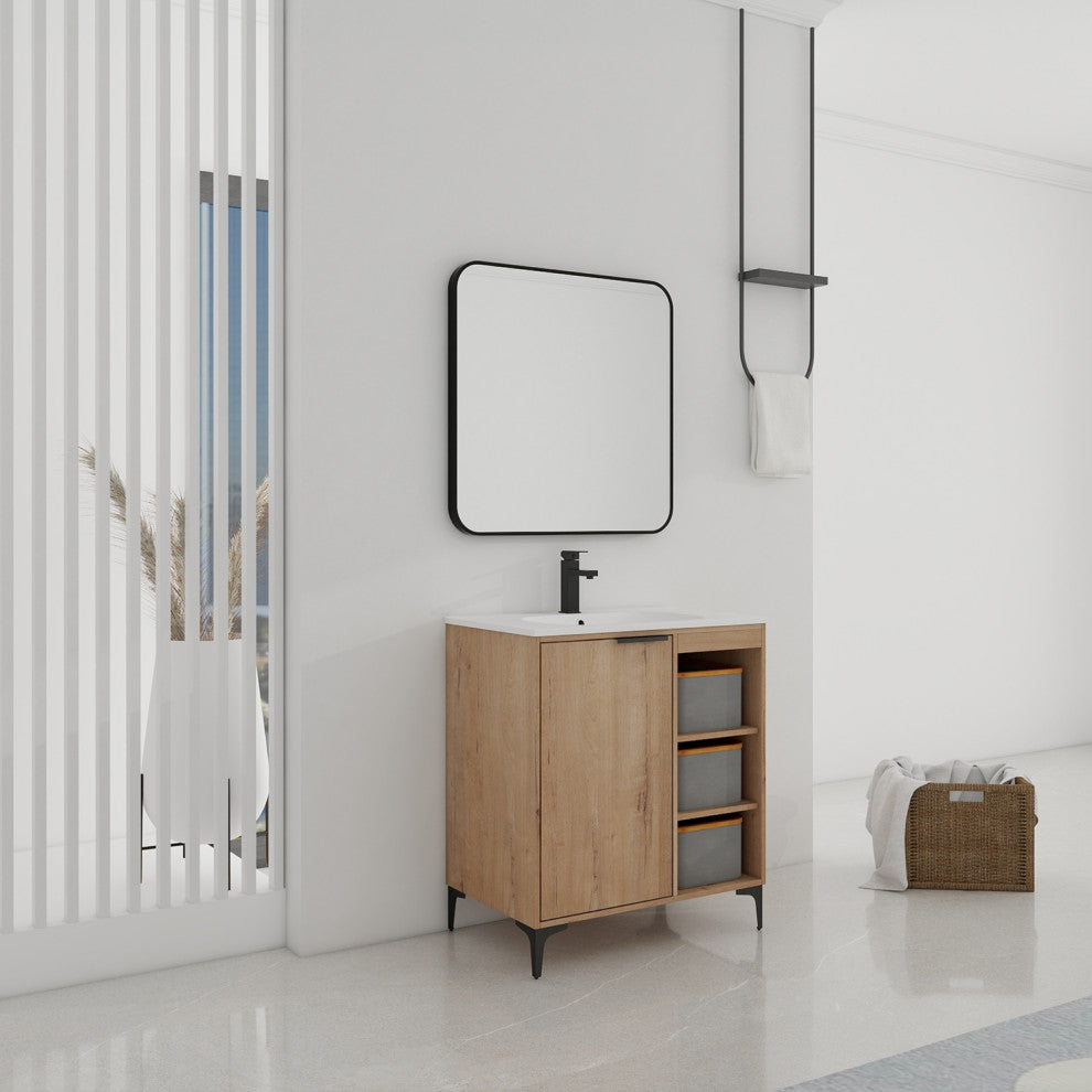 Single Vanity, Neutral Finish With Solid Surface Resin White Sink, 30"