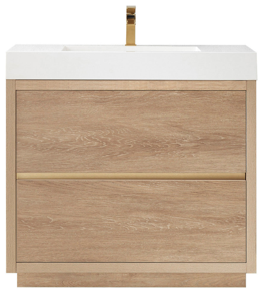 Huesca Bath Vanity, Integrated Sink Top, North American Oak, 36", Without Mirror