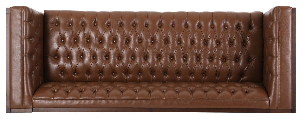 Elias Faux Leather Tufted 3 Seater Sofa, Cognac + Espresso