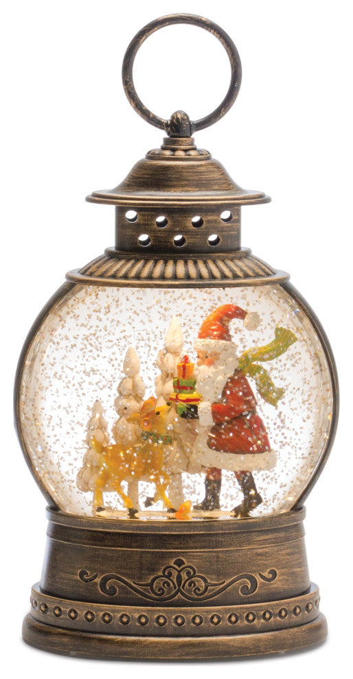 LED Snow Globe Lantern With Santa and Deer 9.75"H
