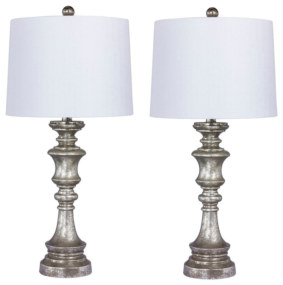 27.75" Candlestick Resin Table Lamp, Set Of 2, Antiqued Silver Leaf