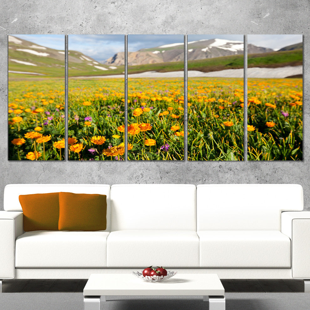 Mountain Plain with Wild Yellow Flowers, Floral Canvas Print, 60"x28", 5 Panels