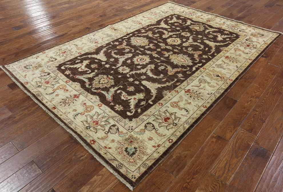Oushak Pakistani Chobi Brown Hand-Knotted Wool Rug, 6'x9'