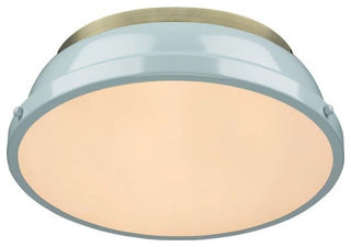 Golden Duncan 2 Light Flush Mount, Aged Brass, Seafoam Shade